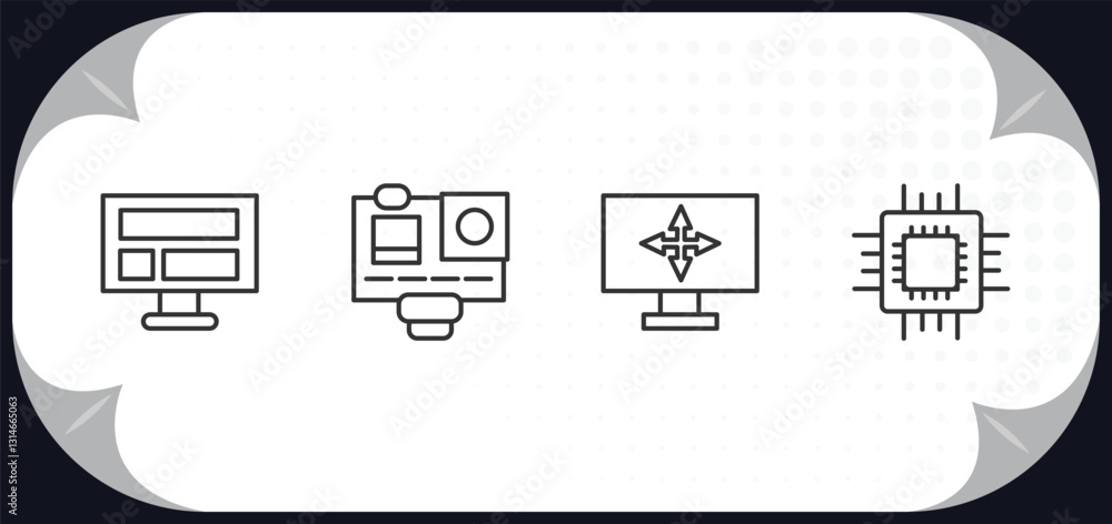 Poster outline icons set - computer concept. computer and monitor, action camera, full computer, chip.