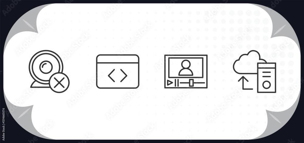Poster outline icons set - computer concept. webcam disconnected, develope, video lecture, pc storage.