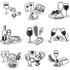 chalk food vector illustrations. wedding dinner icons, wine or champagne glass, cheese, and charcuterie drawings for wedding invitations, cafe menus, and parties