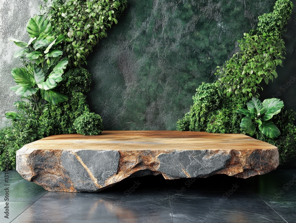 Aufkleber natural stone platform with lush green foliage backdrop for product display and presentation in a st