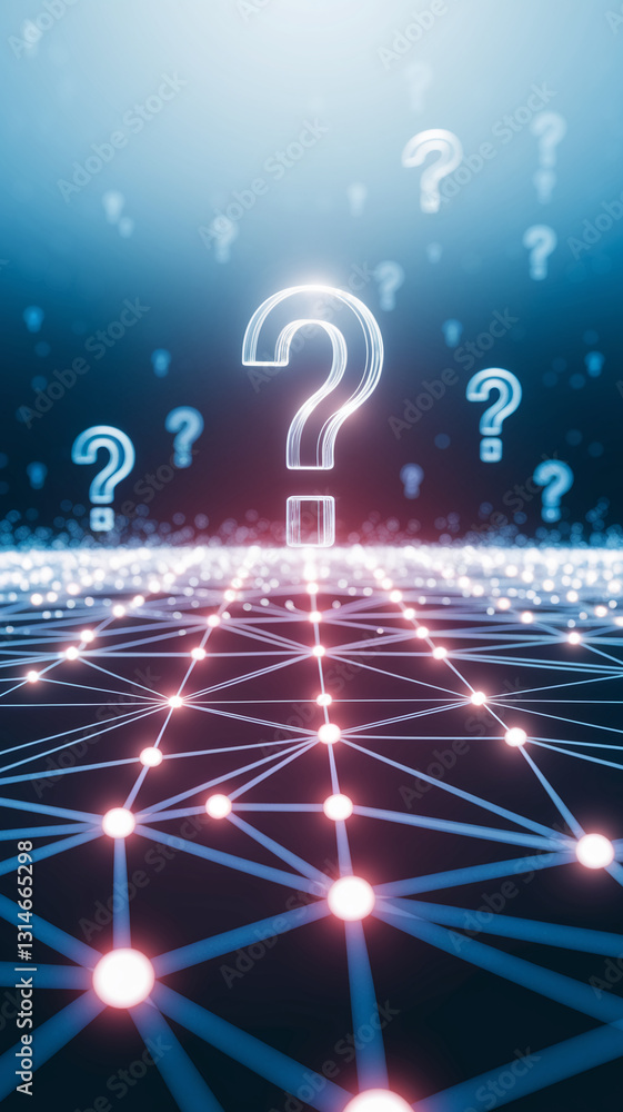 Aufkleber Glowing large question marks hover over a network, symbolizing questions, connections, and digital uncertainty.  Abstract background ideal for technology or problem-solving concepts.