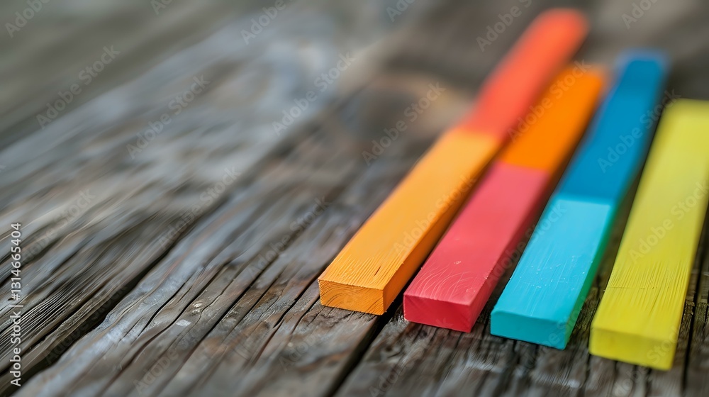 Poster vibrant colorful chalk pastels arranged in diagonal line on rustic wooden surface with selective foc