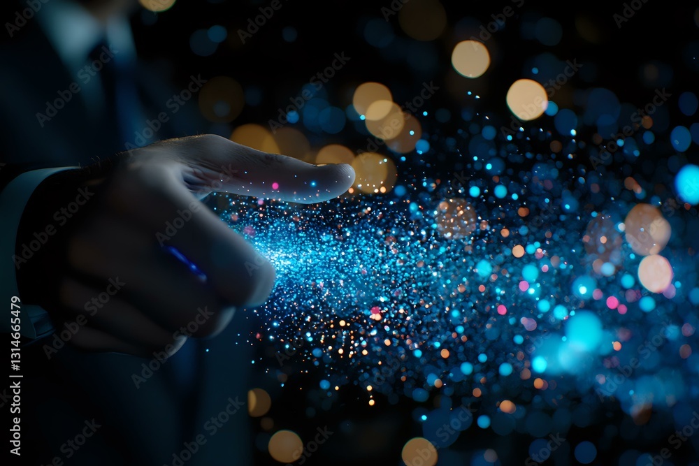 Poster magical glowing blue particles floating from hand against dark background with bokeh lights, creatin