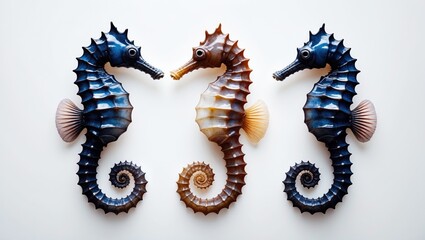 Fototapeta premium Three seahorses against a white backdrop