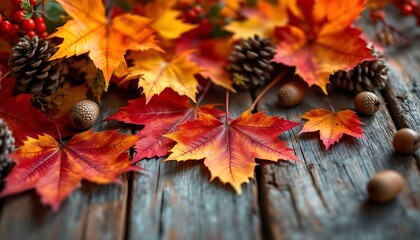 Fall Maple Leaves and Pine Cones on Rustic Wood Background