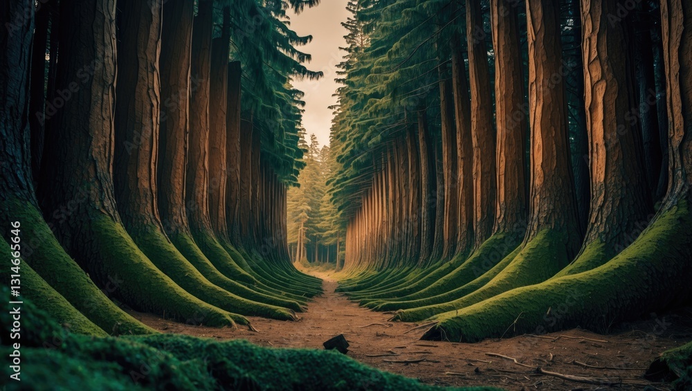 Poster the barrier of ancient towering pine trees in an evergreen forest, close-up of tree trunks. dark atm
