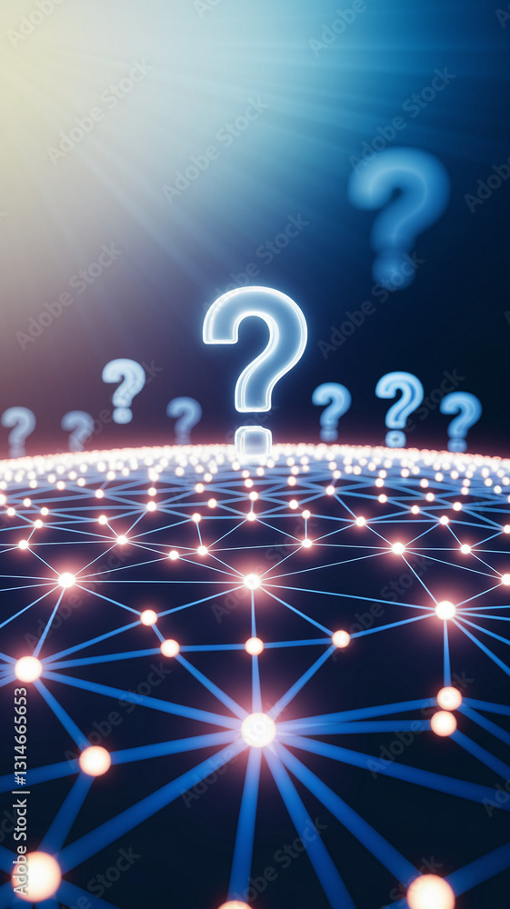 Poster Glowing large question marks on a network, symbolizing questions, connections, and knowledge sharing in a digital environment