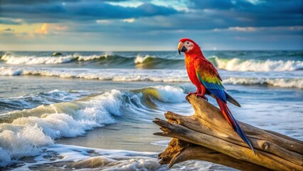 A Vibrant Scarlet Macaw Perched on Driftwood Against a Dramatic Ocean Seascape at Sunset