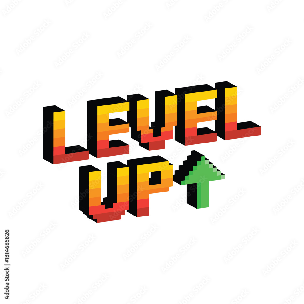Poster isometric level up button 8 bit text level up Pixel art 8-bit for game you win