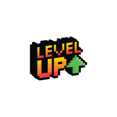 isometric level up button 8 bit text level up Pixel art 8-bit for game you win