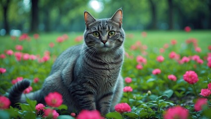 Grey tabby cat in a park setting.