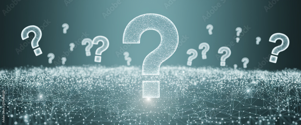 Aufkleber Abstract teal background with glowing large question marks, creating a network effect, symbolizing uncertainty, questions, and search for answers