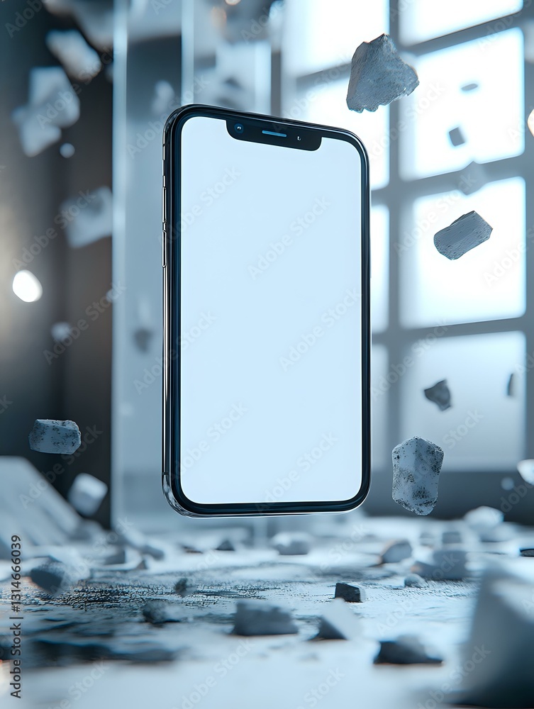 Poster modern smartphone floating with ice crystals in cold blue atmosphere, blank white screen mockup for 