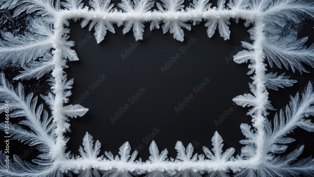 Poster a picture of a frosty design on a dark surface. a frame featuring an abstract ice formation allows y