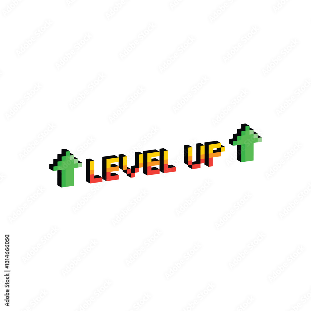 Poster isometric level up button 8 bit text level up Pixel art 8-bit for game you win