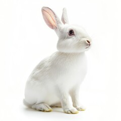 Obraz premium White rabbit sitting upright, ample space for text, isolated on white.