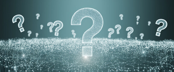 Abstract teal background with glowing large question marks, creating a network effect, symbolizing uncertainty, questions, and search for answers