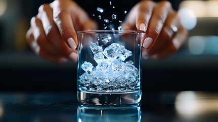 Female hands with manicured nails holding glass with splashing ice cubes and water drops against dark background, dynamic beverage photography for cocktail menu.
