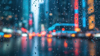 Obraz premium View of the hazy city through glass covered in raindrops