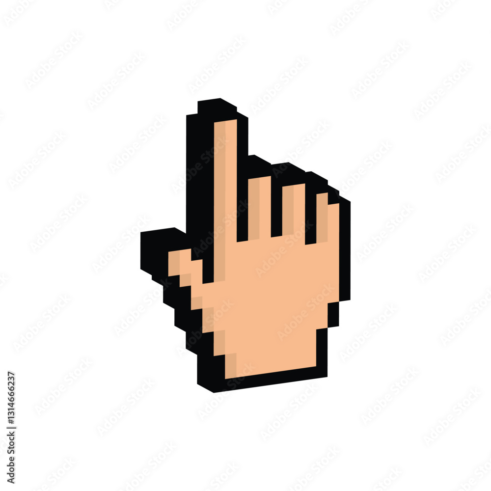 Poster isometric pixel hand icon. vector pixel art cursor click 8 bit logo for game