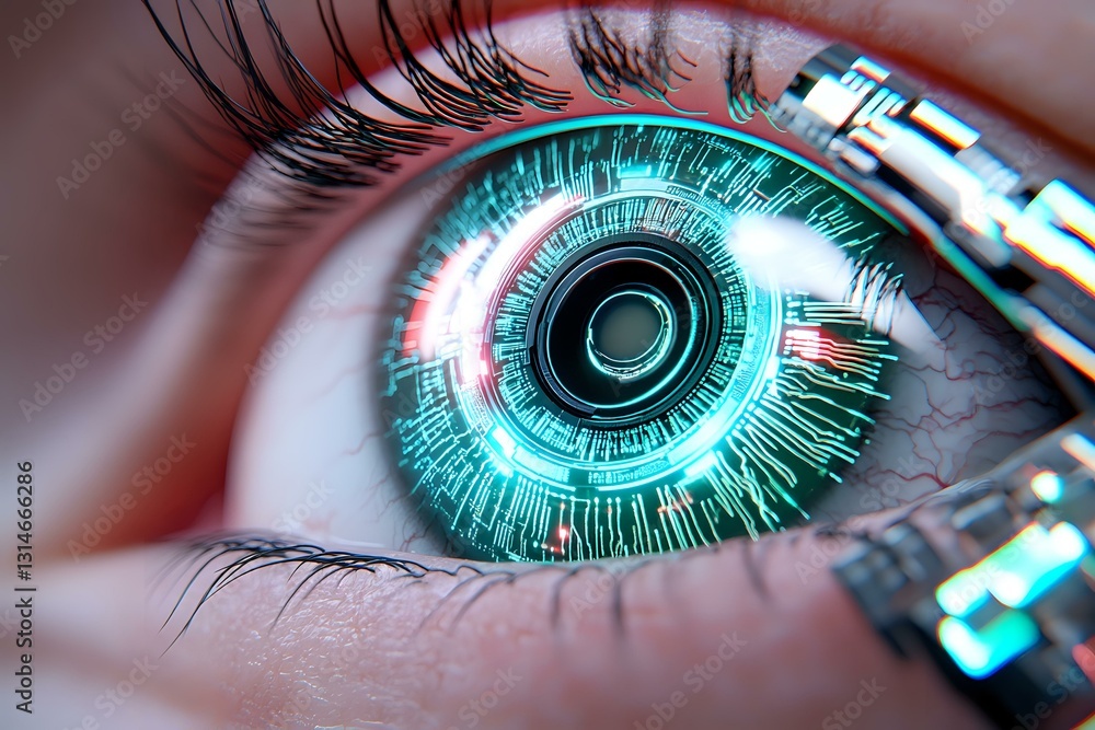 Poster futuristic cyber eye with glowing turquoise digital iris pattern and technological elements, represe
