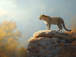 Obraz premium Majestic leopard gracefully prowls the tranquil Himalayan landscape under a hazy autumn sun. Generative AI
