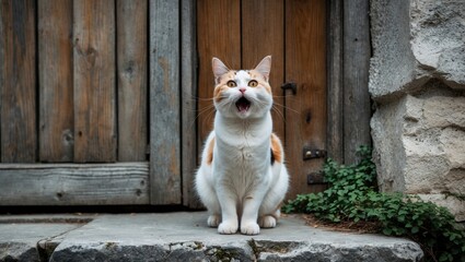 Amazed funny cat gazing with a surprised facial expression, perched in front of an old wooden door, the calico-patterned white kitty appears completely astonished.
