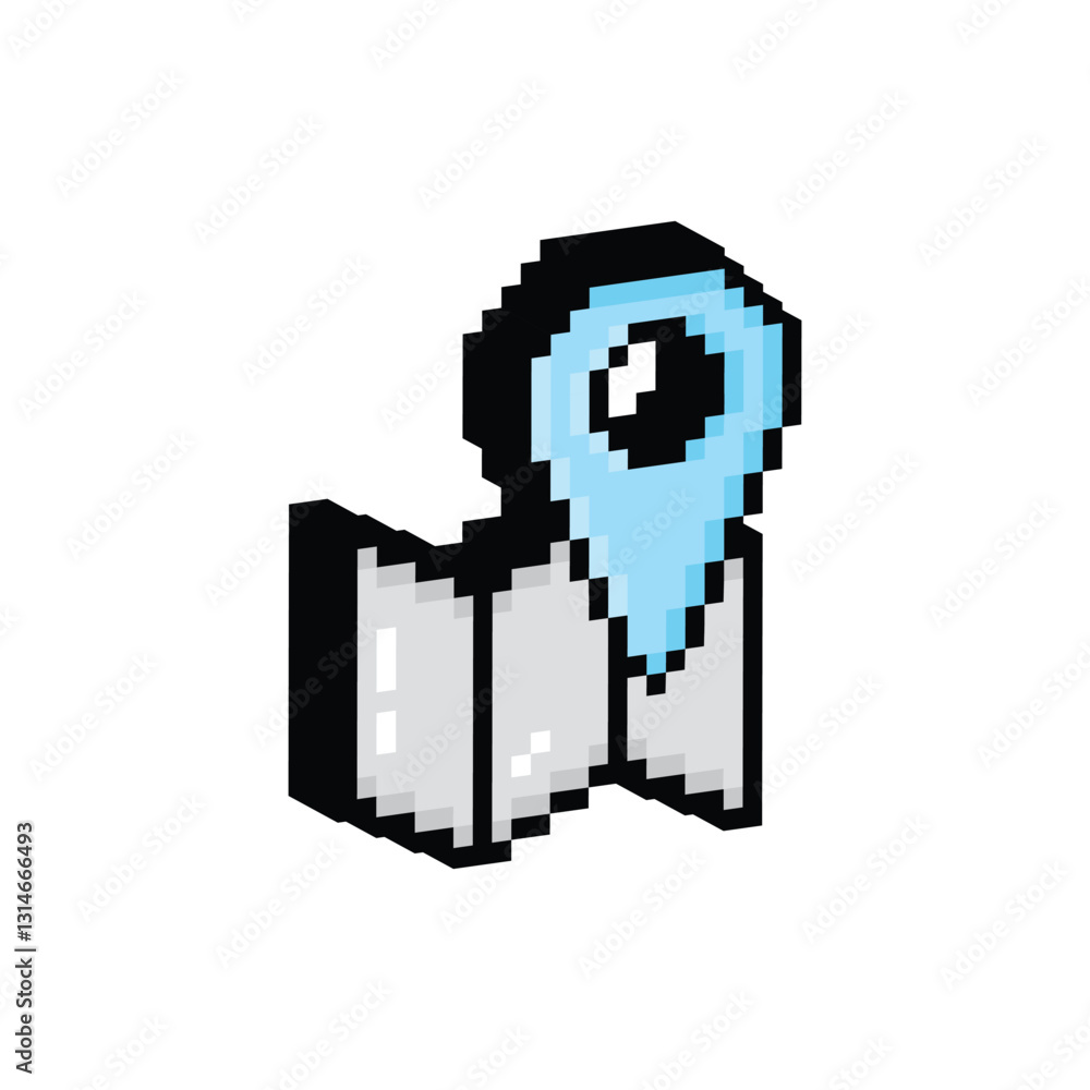 Poster isometric pixel map pointer icon. vector pixel art gps cartography map 8 bit logo for game
