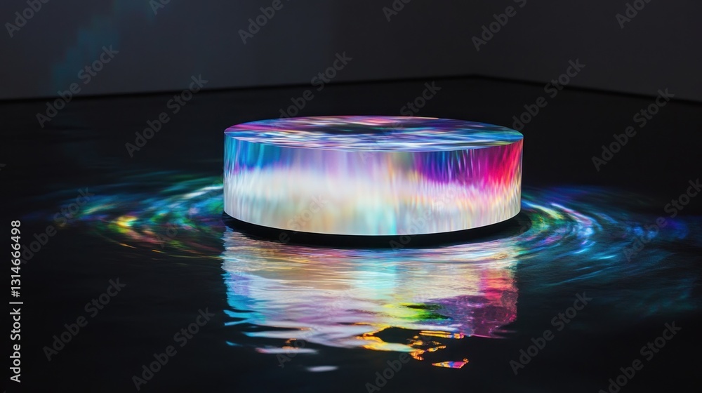 Aufkleber a circular, illuminated installation reflecting colorful patterns on a dark surface.