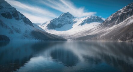 Stunning view of a lake in front of a snowy mountain beneath a blue sky.