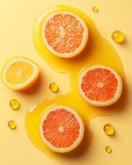 Vibrant Citrus Fruit Slices with Juice Spills on Yellow Background