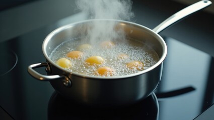 Boiling water in a pan - hot water with bubbles.