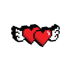 Fototapeta premium isometric pixel wings with heart icon. Vector pixel art wings 8 bit logo for game