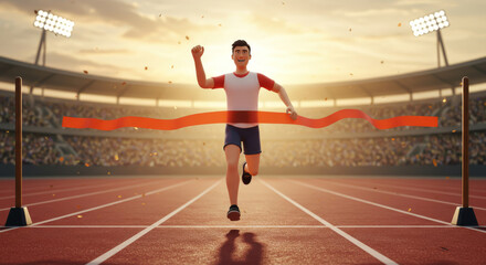Fototapeta premium A cartoon athlete triumphantly crosses the finish line in a stadium