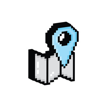 isometric pixel map pointer icon.  Vector pixel art gps cartography map  8 bit logo for game