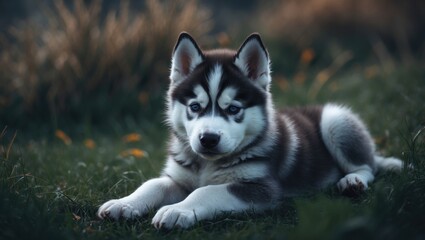 Siberian husky puppy looking adorable while resting on the grass.