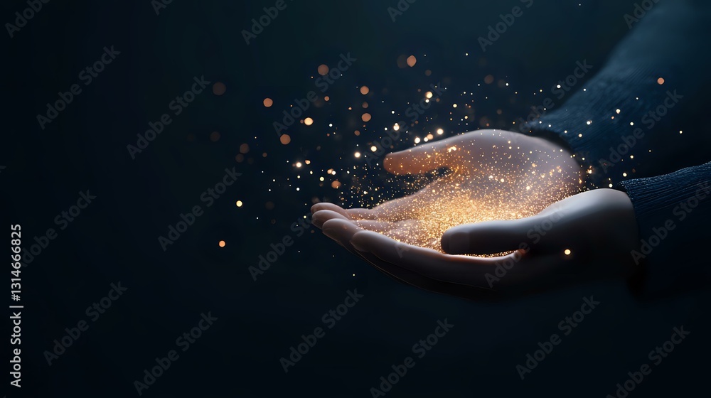 Poster glowing magical sparkles and particles floating above cupped hands against dark background, creating