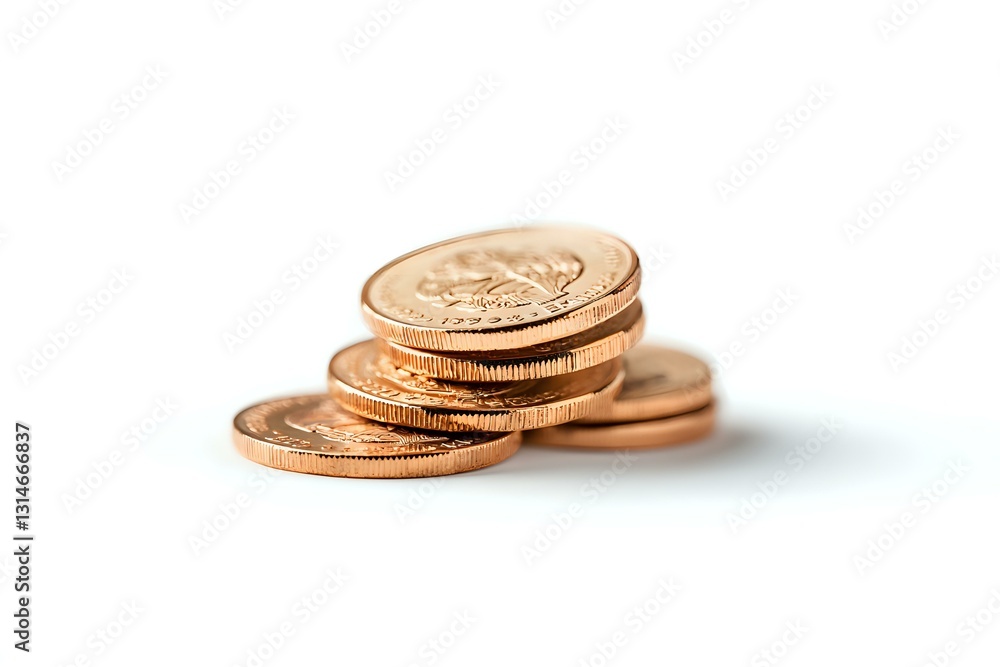 Poster stack of shiny copper pennies on white background with selective focus and shallow depth of field, i