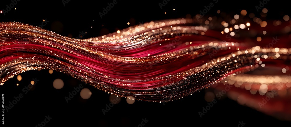 Aufkleber flowing red and gold glowing waves with sparkles and light particles on black background create magi