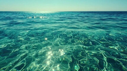 Fototapeta premium Tranquil turquoise ocean surface, sunlight reflecting, vast horizon
