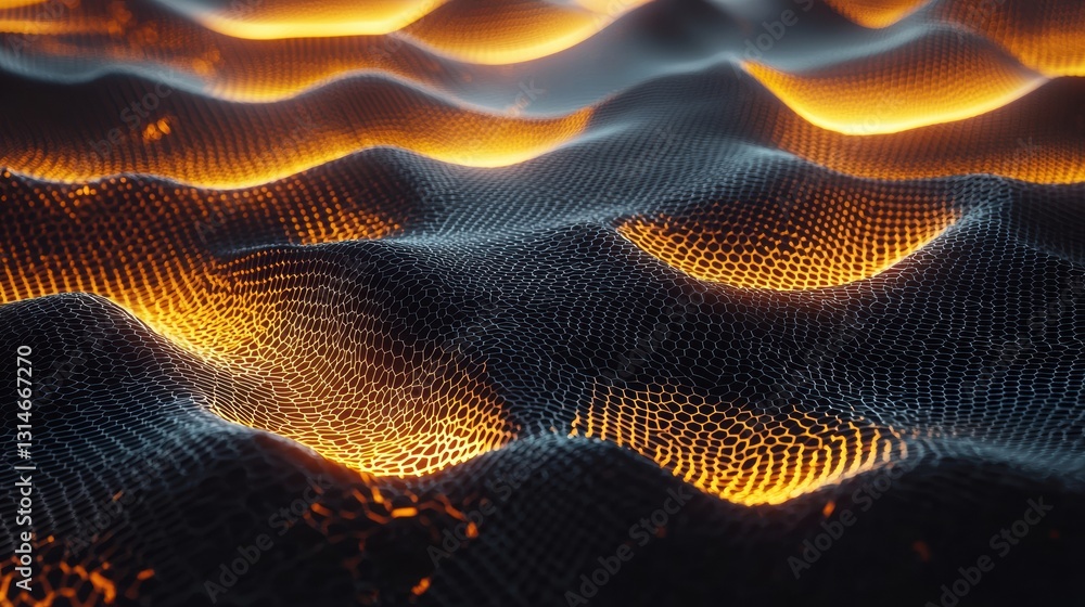 Poster abstract geometric background with hexagonal lines and textured waves in vibrant orange and black co