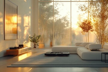 Modern Living Room Sunset View, Minimalist Interior Design, Cozy Home Decor