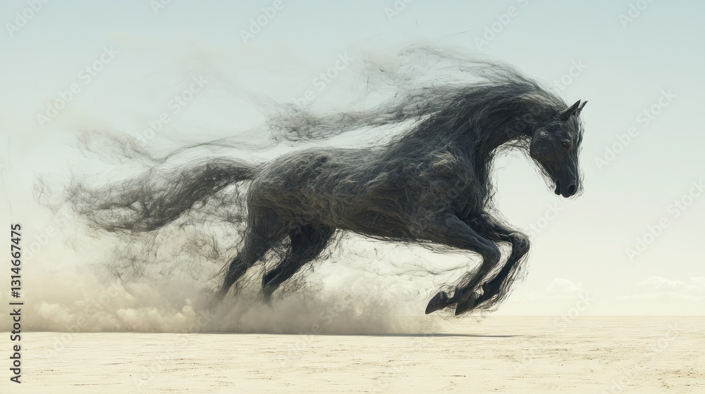 Poster a dynamic, ethereal depiction of a horse in motion, blending realism with artistic abstraction.