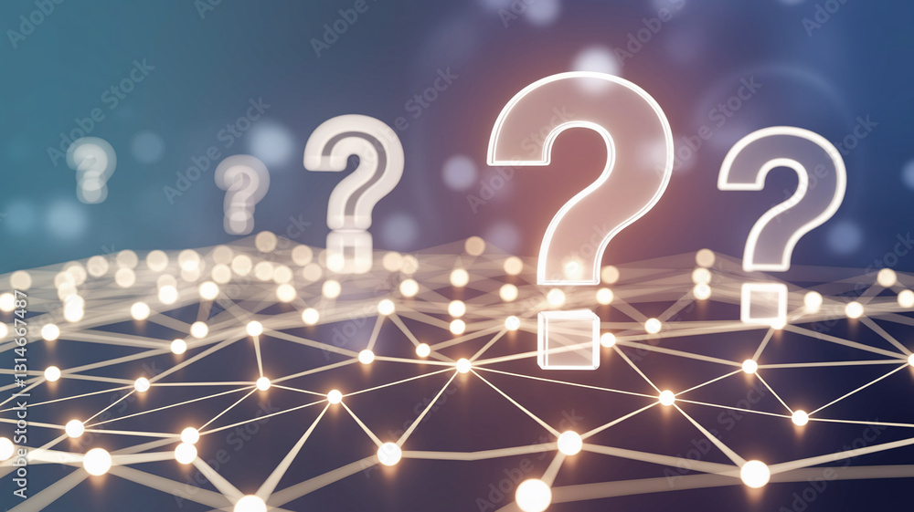 Poster Glowing large question marks hover over a network of interconnected nodes, symbolizing questions, connections, and the search for knowledge or solutions
