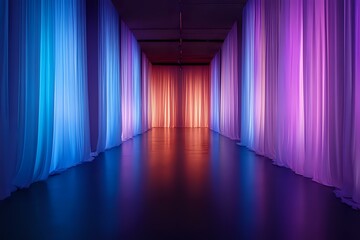 Fototapeta premium Illuminated corridor with flowing fabric curtains in vibrant blue, orange and purple creating dramatic perspective. Reflective floor adds depth and atmosphere.