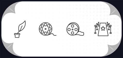 outline icons set - cinema concept. author, movie roll, big film roll, red carpet.