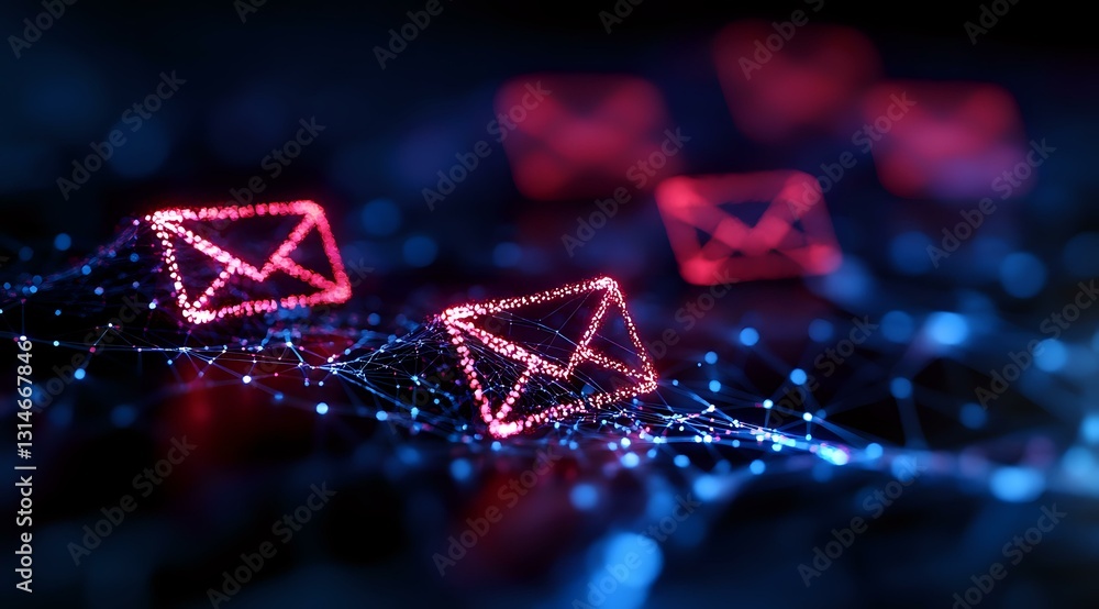Poster glowing pink digital mail envelopes floating on dark background with network connections and particl