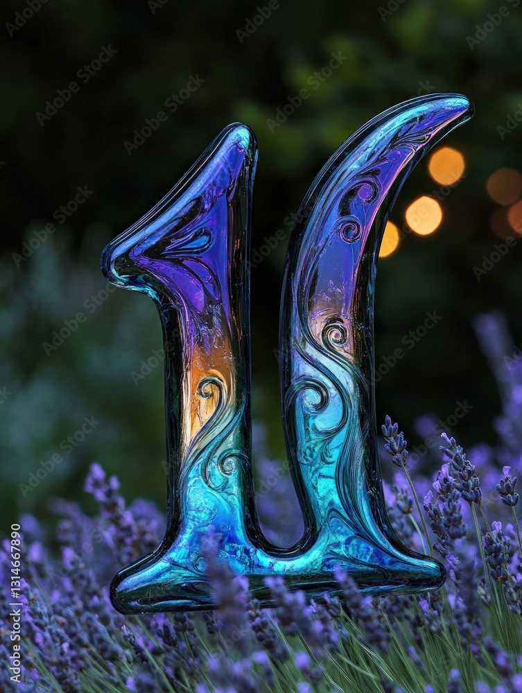 Poster detailed iridescent number eleven against lavender field with bokeh background illuminated by soft l