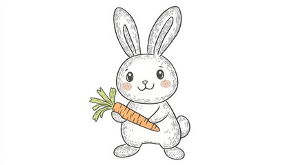 Obraz premium Bunny holding a carrot in playful doodle line art, clean white background.