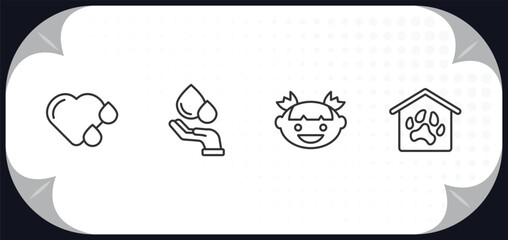 outline icons set - charity concept. heart drop, blood donation, smiley face, shelter.